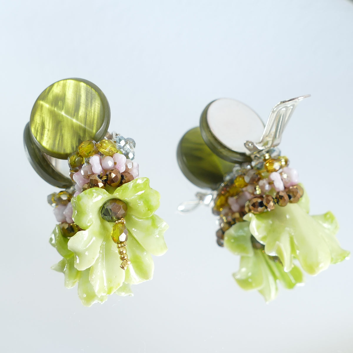 Ohrclips Flower Ohrringe Grüne Farbe Mit Ringen Perlen