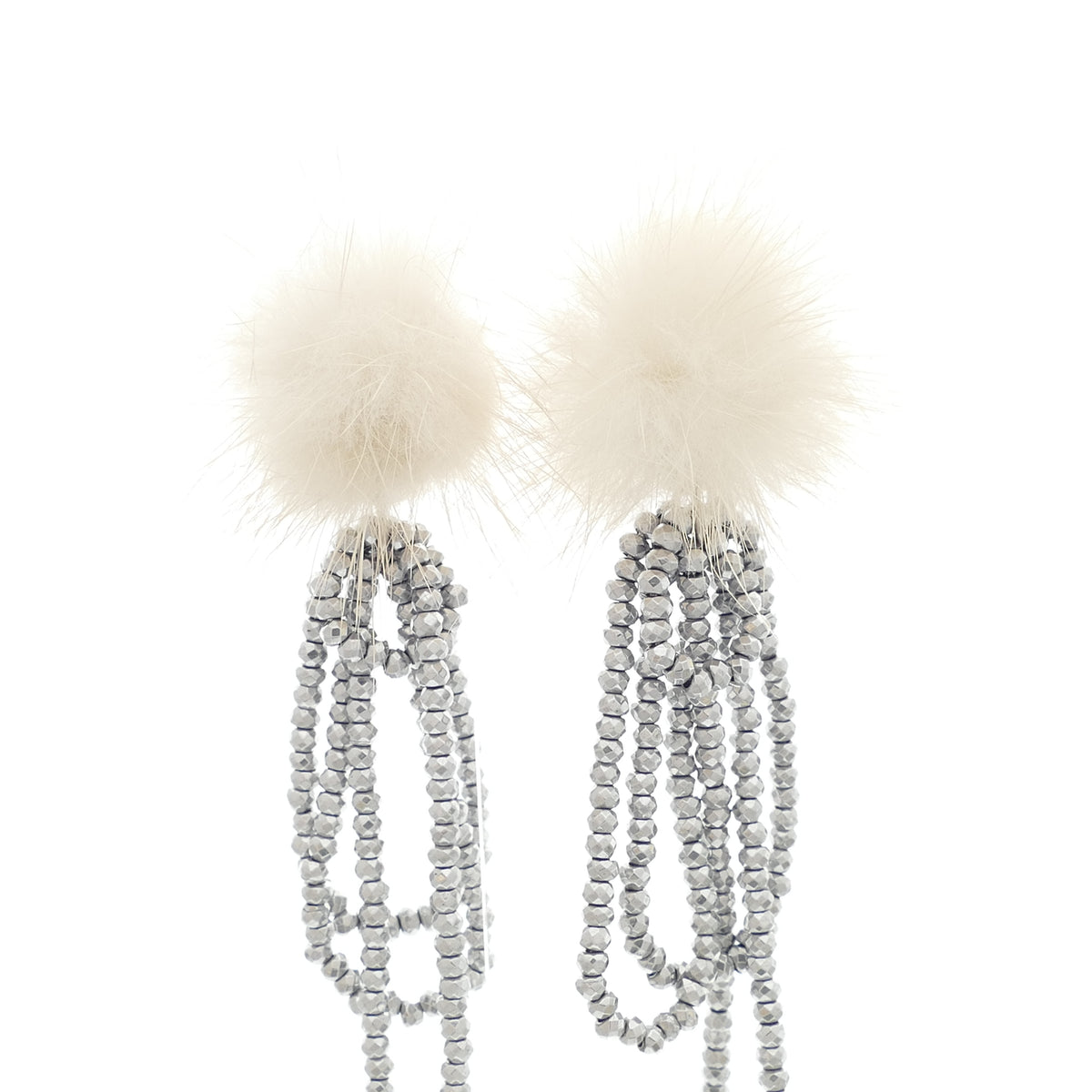 Ohrclips Silber Hämatit Perle Mit Beige Fell Pelz