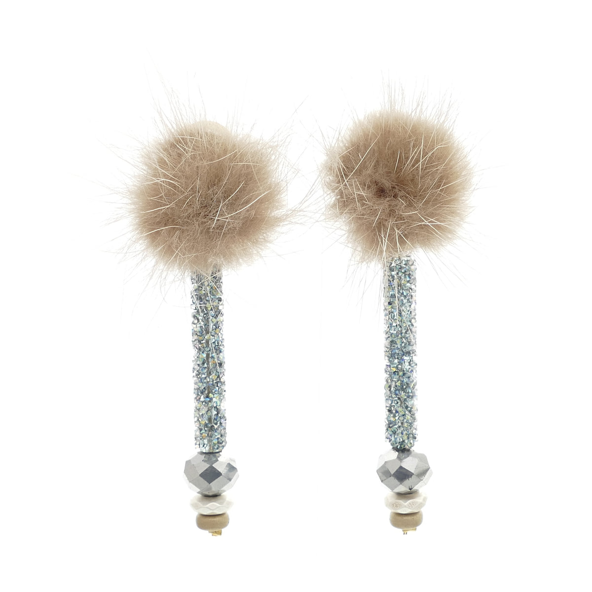 Statement Ohrclips Rot, Braun, Beige Fell Pelz Mit Glasperlen