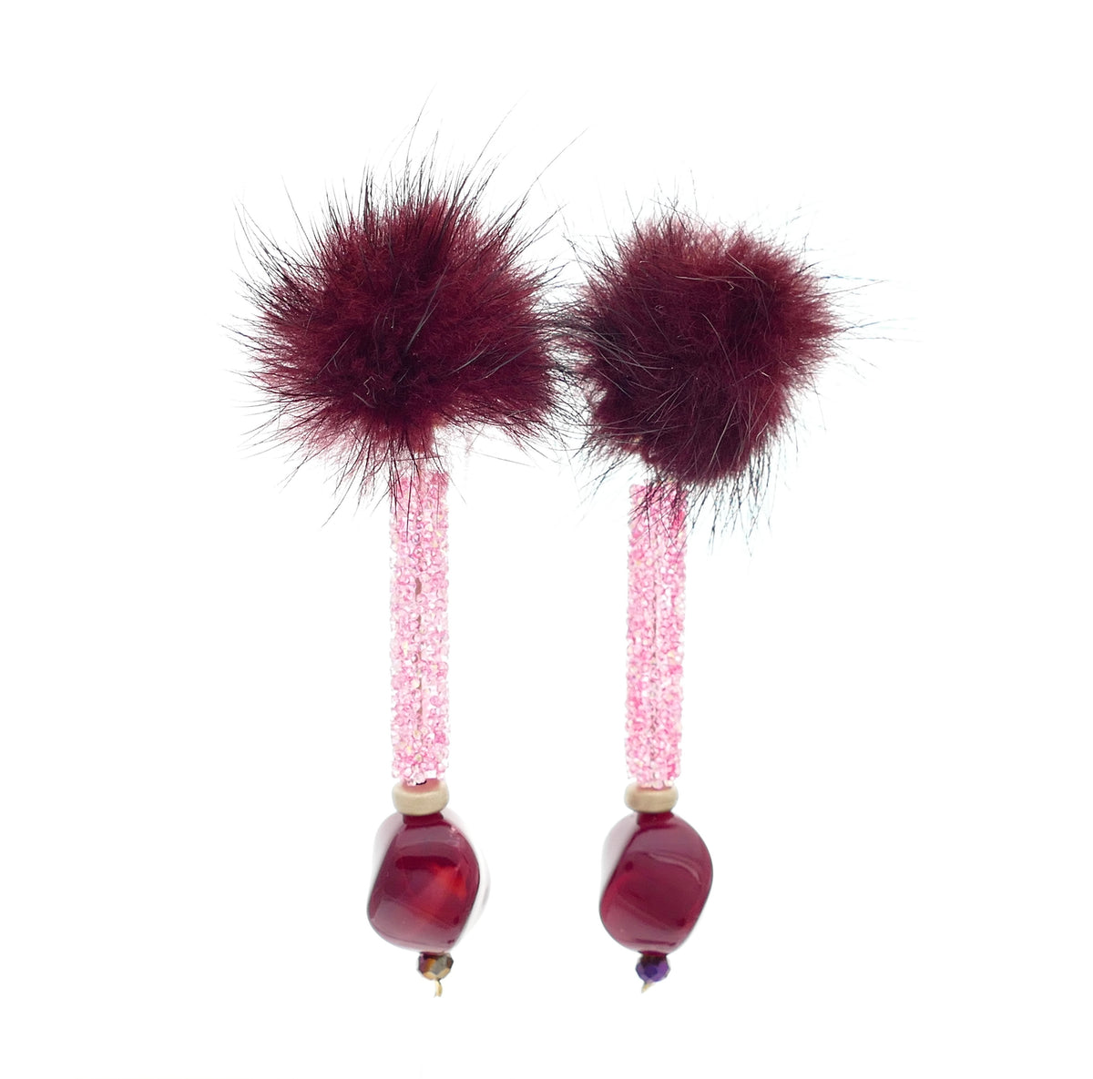 Statement Ohrclips Rot, Braun, Beige Fell Pelz Mit Glasperlen