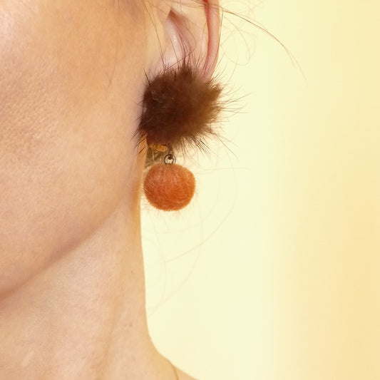 Fell Pelz Ohrclips Pedrita , Leicht Ohrring Mit Orange, Gelbe, Braun Bommel