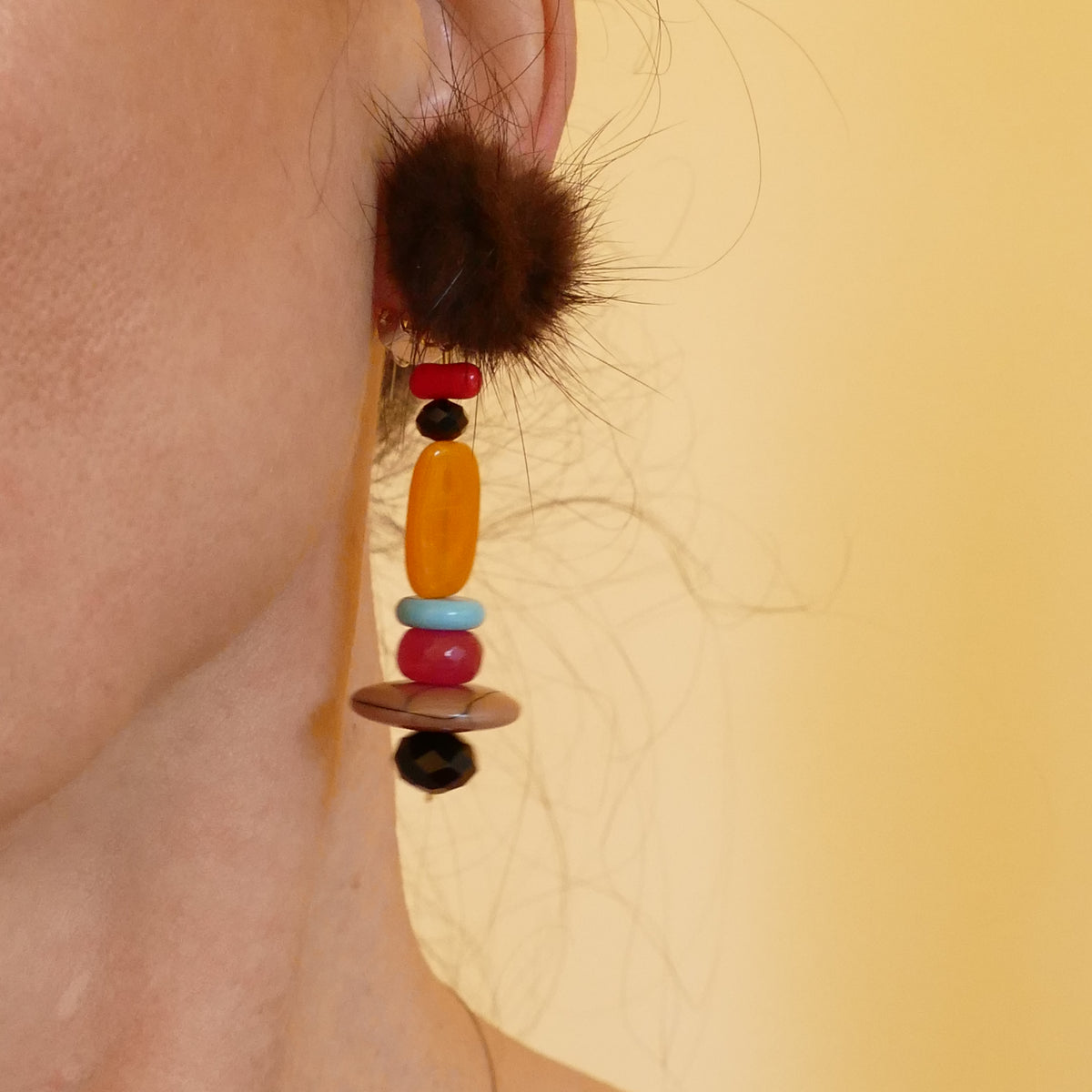 Statement  Lange Ohrringe Fell Pelz Ohrclips, Orange, Pink, Mehrfarbige