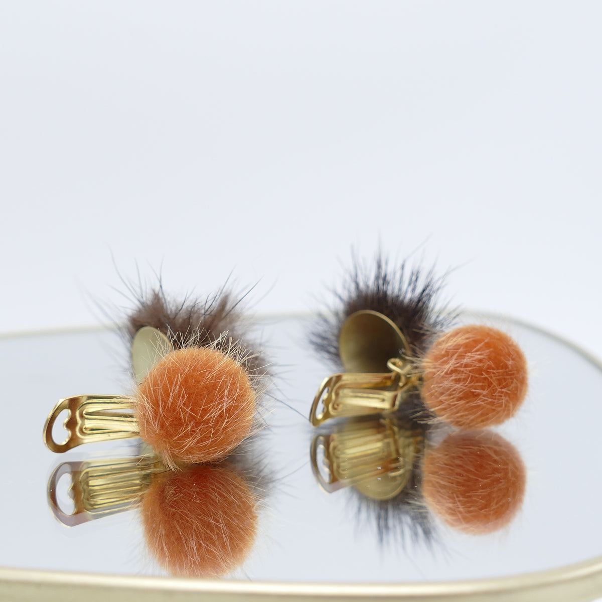 Fell Pelz Ohrclips Pedrita , Leicht Ohrring Mit Orange, Gelbe, Braun Bommel