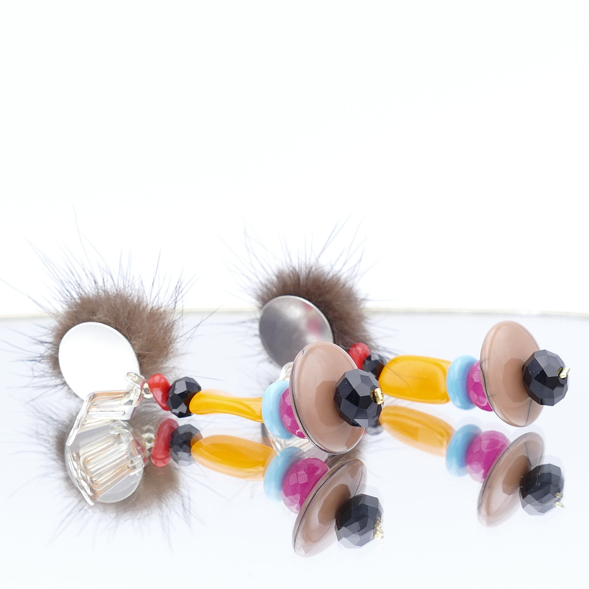 Statement  Lange Ohrringe Fell Pelz Ohrclips, Orange, Pink, Mehrfarbige
