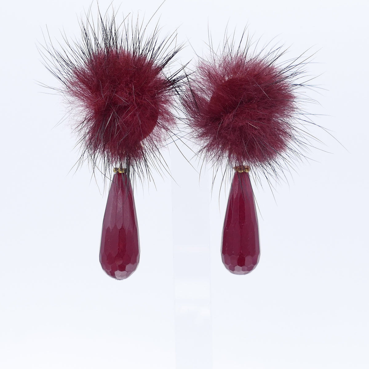 Rot Wein Fell Pelz Bommel Farbe Mit Versilbert Ohrclips Und Jade Stein