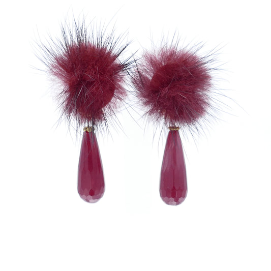 Rot Wein Fell Pelz Bommel Farbe Mit Versilbert Ohrclips Und Jade Stein