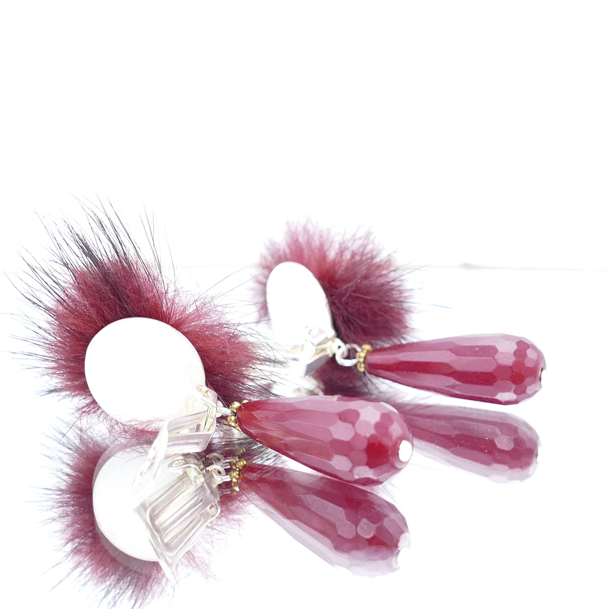 Rot Wein Fell Pelz Bommel Farbe Mit Versilbert Ohrclips Und Jade Stein