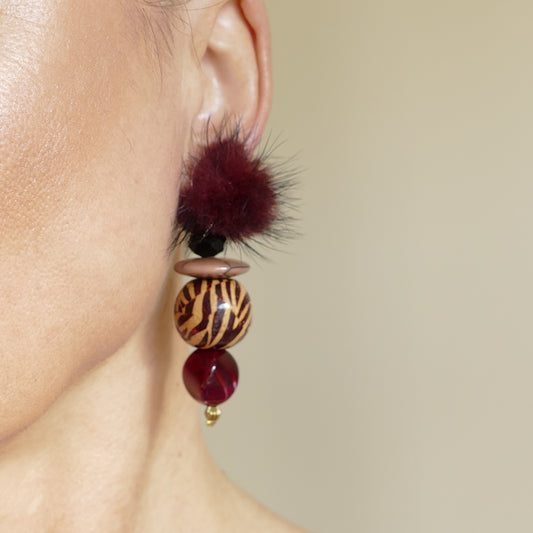 Ohrringe Clips Fell-Pelz In Rot Wein Farbe