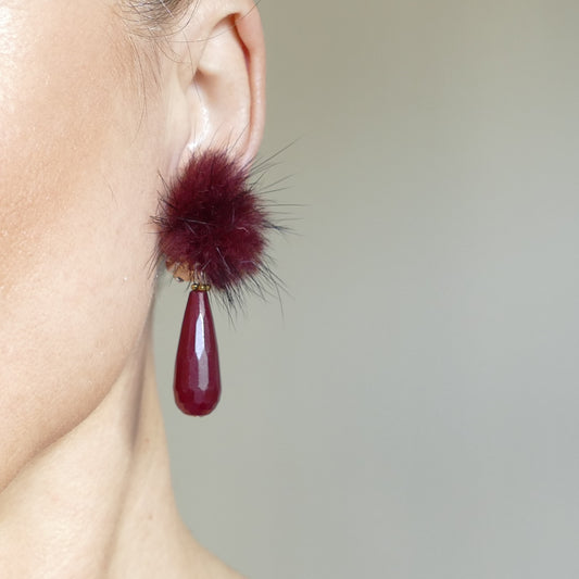 Rot Wein Fell Pelz Bommel Farbe Mit Versilbert Ohrclips Und Jade Stein