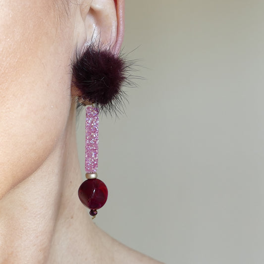 Statement Ohrclips Rot, Braun, Beige Fell Pelz Mit Glasperlen