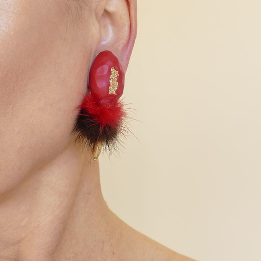 Orange Rot Ohrclips Mit Gold Vergoldete-Matt Und Braun Fell Pelz Bommel Und Rot Farbe