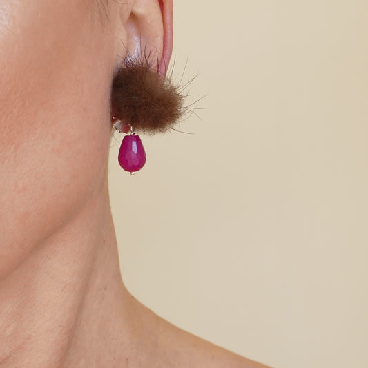 Ohrclips Fell Pelz Bommel In Braun Farbe Mit Grüne Olive Jade Stein Und Pink Jade