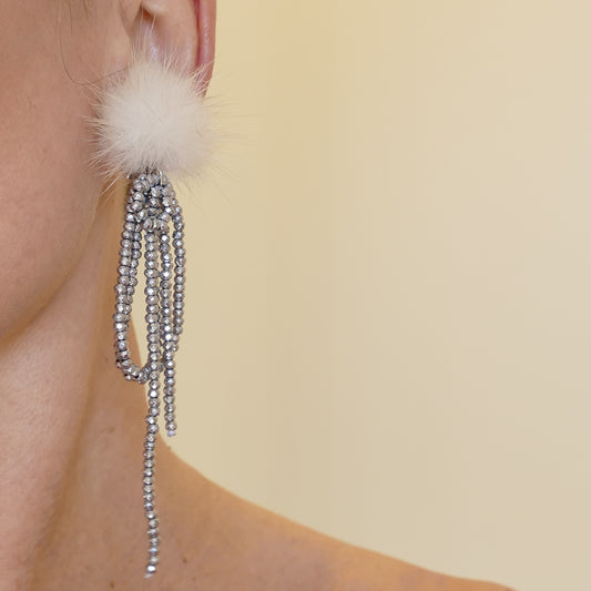 Ohrclips Silber Hämatit Perle Mit Beige Fell Pelz