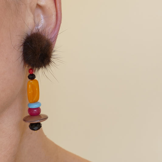Statement  Lange Ohrringe Fell Pelz Ohrclips, Orange, Pink, Mehrfarbige