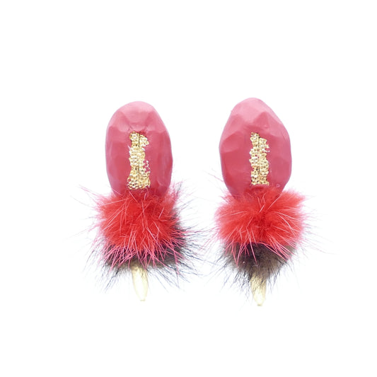 Orange Rot Ohrclips Mit Gold Vergoldete-Matt Und Braun Fell Pelz Bommel Und Rot Farbe