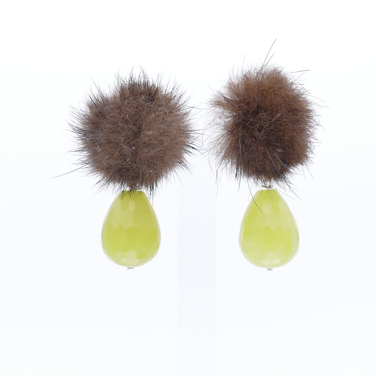 Ohrclips Fell Pelz Bommel In Braun Farbe Mit Grüne Olive Jade Stein Und Pink Jade