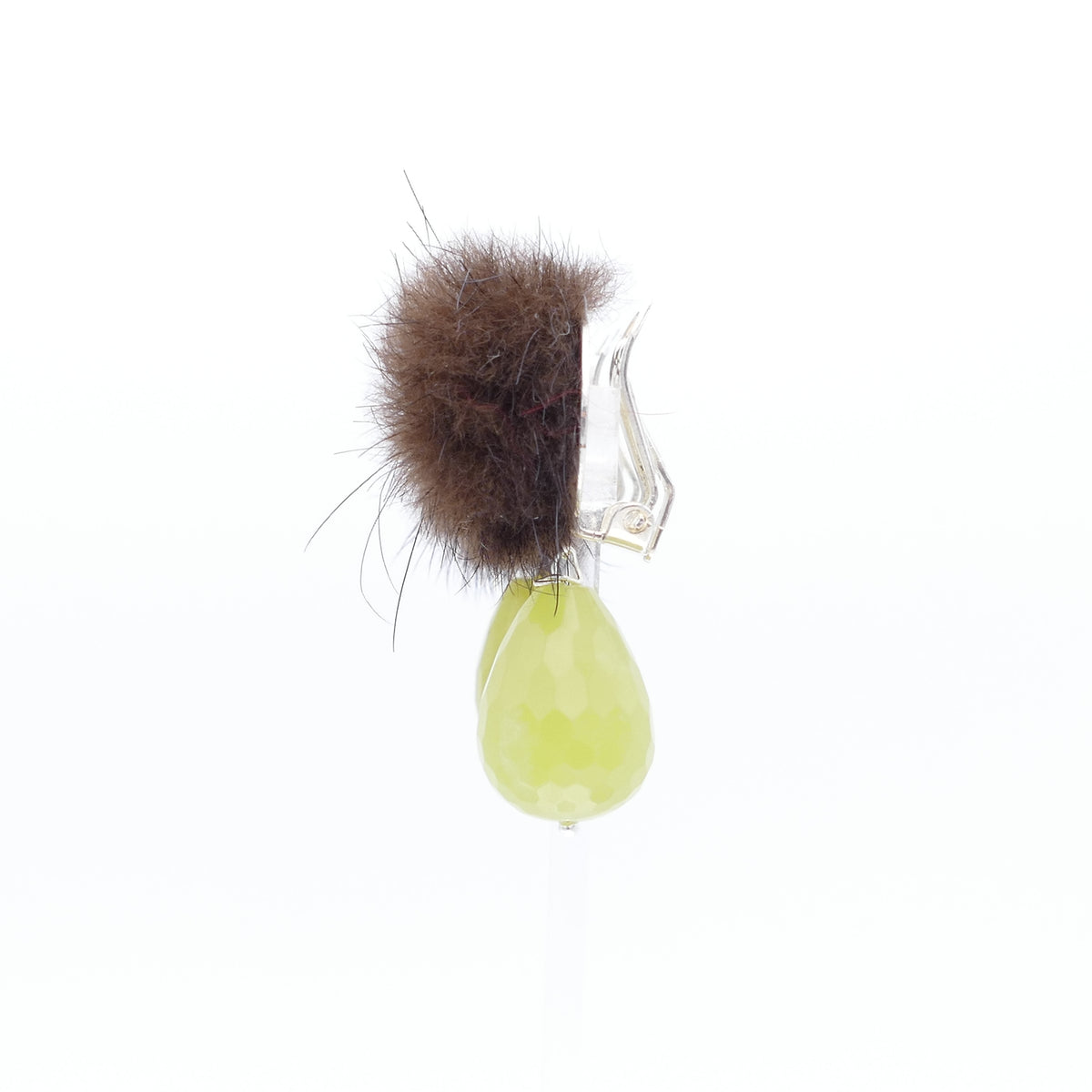 Ohrclips Fell Pelz Bommel In Braun Farbe Mit Grüne Olive Jade Stein Und Pink Jade