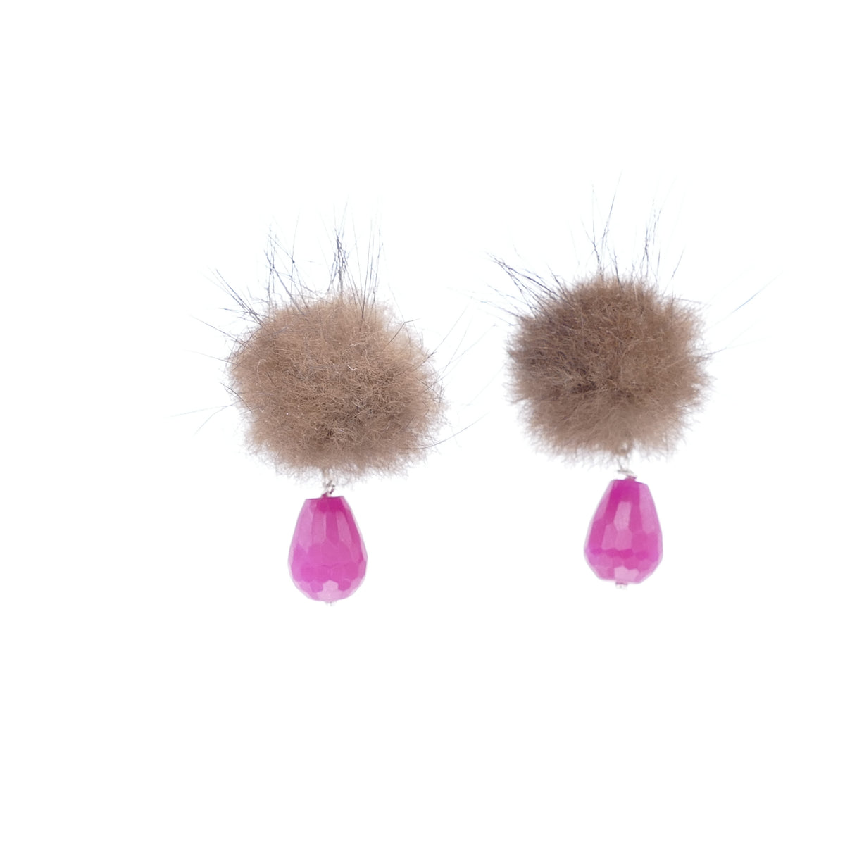 Ohrclips Fell Pelz Bommel In Braun Farbe Mit Grüne Olive Jade Stein Und Pink Jade