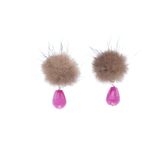 Ohrclips Fell Pelz Bommel In Braun Farbe Mit Grüne Olive Jade Stein Und Pink Jade