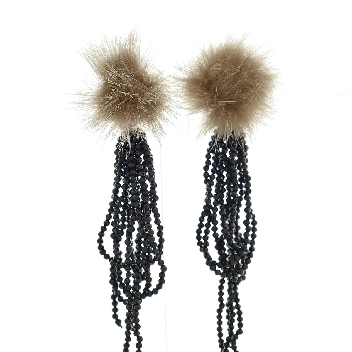 Chery Fransen Ohrclips Fell-Pelz Bommel Rot-Wein, Braun Und Beige Mit Schwarz Natürlichen Spinell Perlen