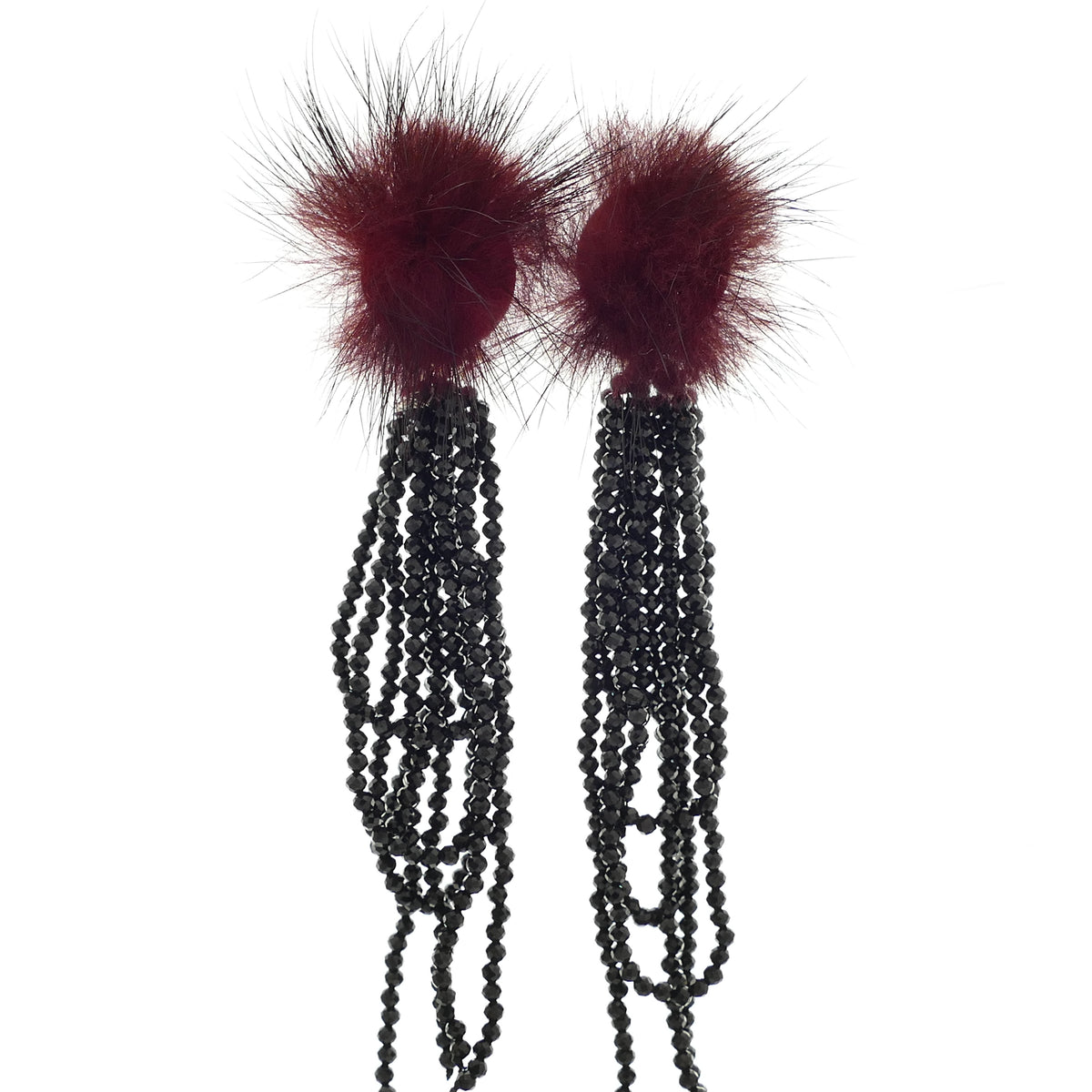 Chery Fransen Ohrclips Fell-Pelz Bommel Rot-Wein, Braun Und Beige Mit Schwarz Natürlichen Spinell Perlen