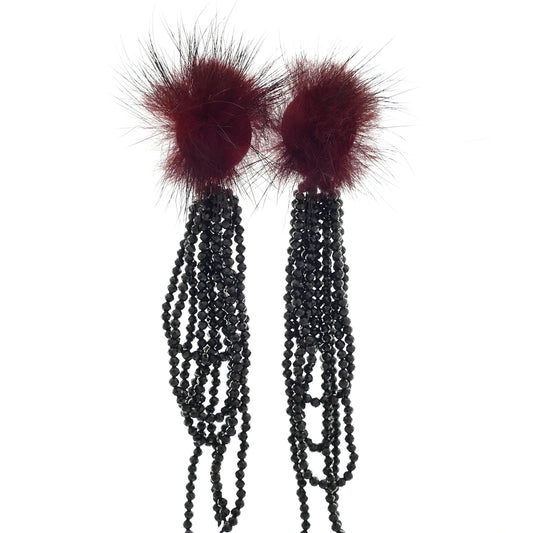 Chery Fransen Ohrclips Fell-Pelz Bommel Rot-Wein, Braun Und Beige Mit Schwarz Natürlichen Spinell Perlen