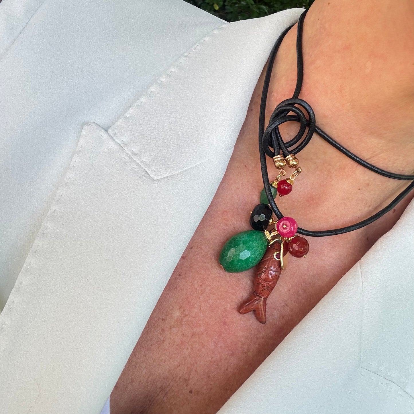 Fischer Jaspis  Doppelwickel Leder Halskette Mit Grüne Jade Stein