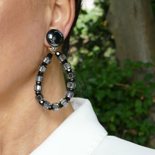 Creole Ohrclips Grau Mit Schwarz Perle