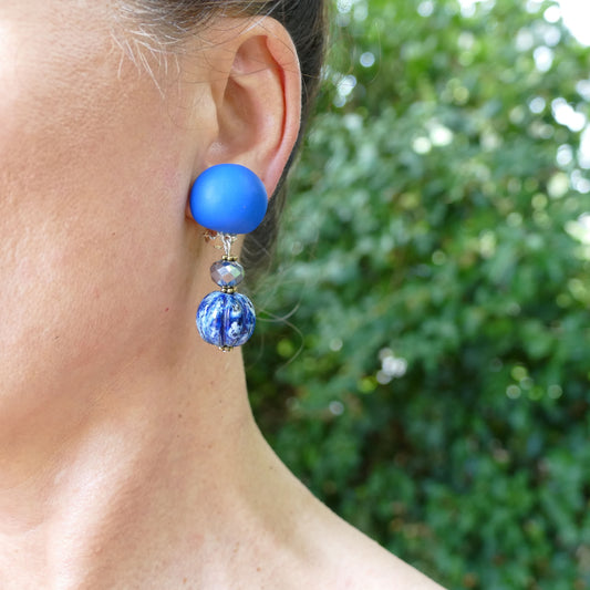 Ohrringe Ohrclips in Royal Blau Mit Stein Und Grau Perle