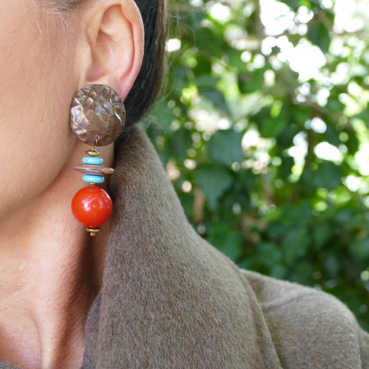 Orange Rot Ohrclips Mit Braunen Perlen