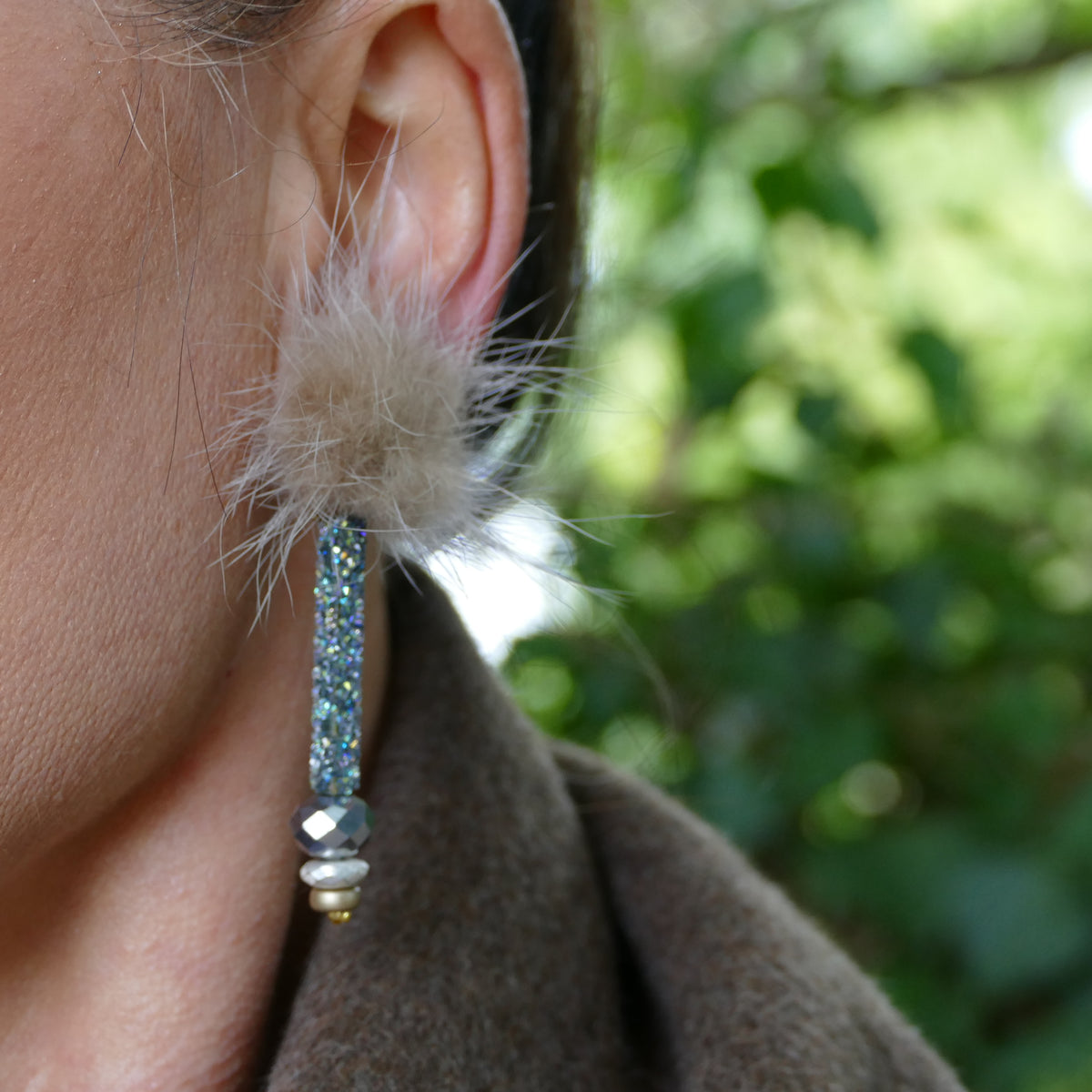 Statement Ohrclips Rot, Braun, Beige Fell Pelz Mit Glasperlen