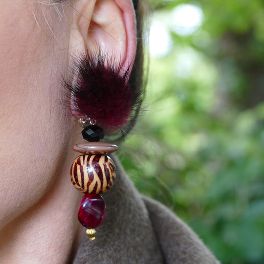 Ohrringe Clips Fell-Pelz In Rot Wein Farbe