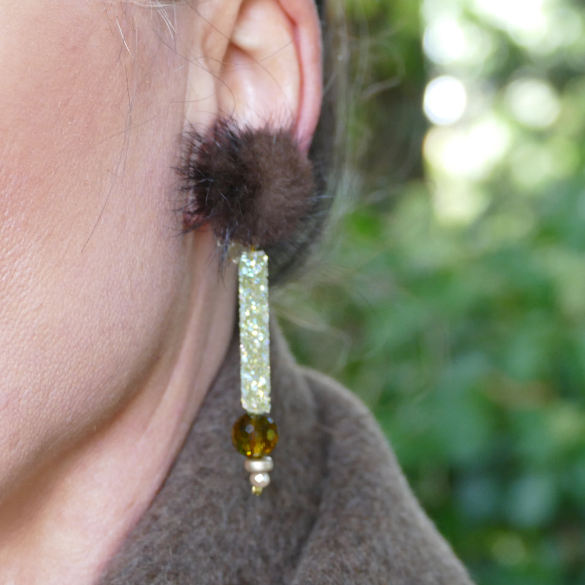 Statement Ohrclips Rot, Braun, Beige Fell Pelz Mit Glasperlen