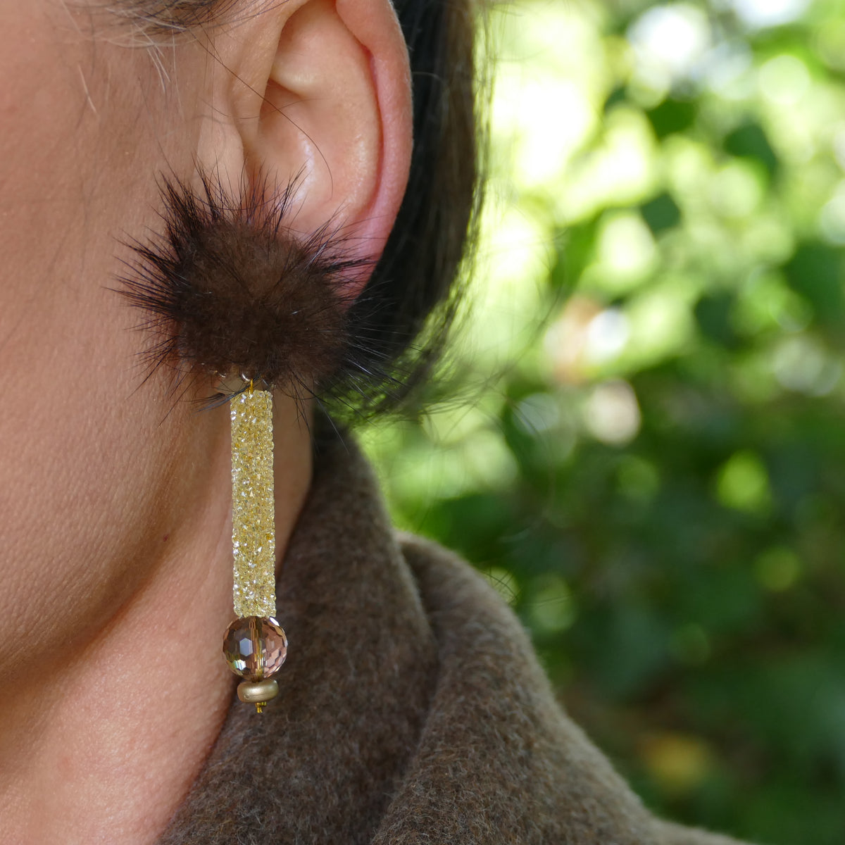 Statement Ohrclips Rot, Braun, Beige Fell Pelz Mit Glasperlen