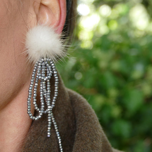 Ohrclips Silber Hämatit Perle Mit Beige Fell Pelz